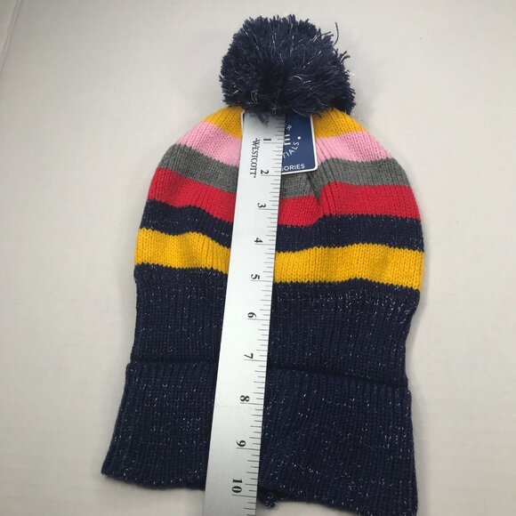 Winter Essentials Girls One Size Multicolor Stripe Knit Beanie with Pom New - Picture 8 of 11